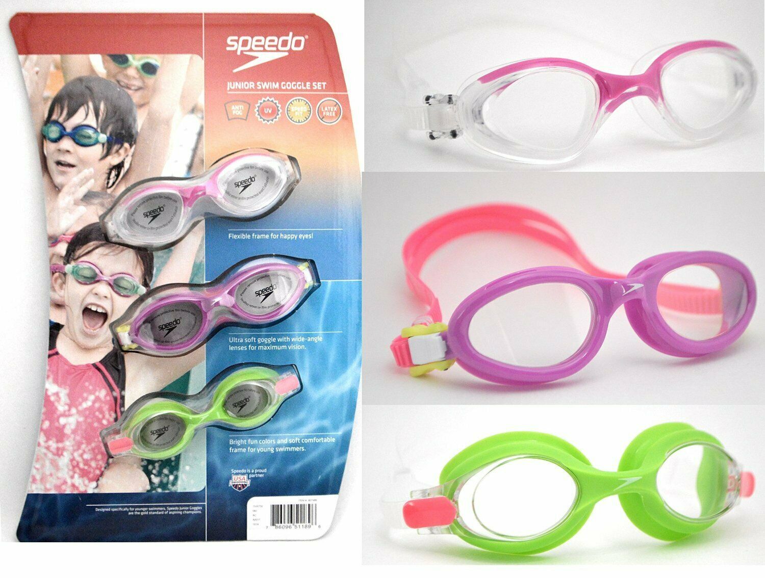 Speedo Youth/Childrens Swim Goggles - 3 Goggle Value Pack (Pink/Purple ...