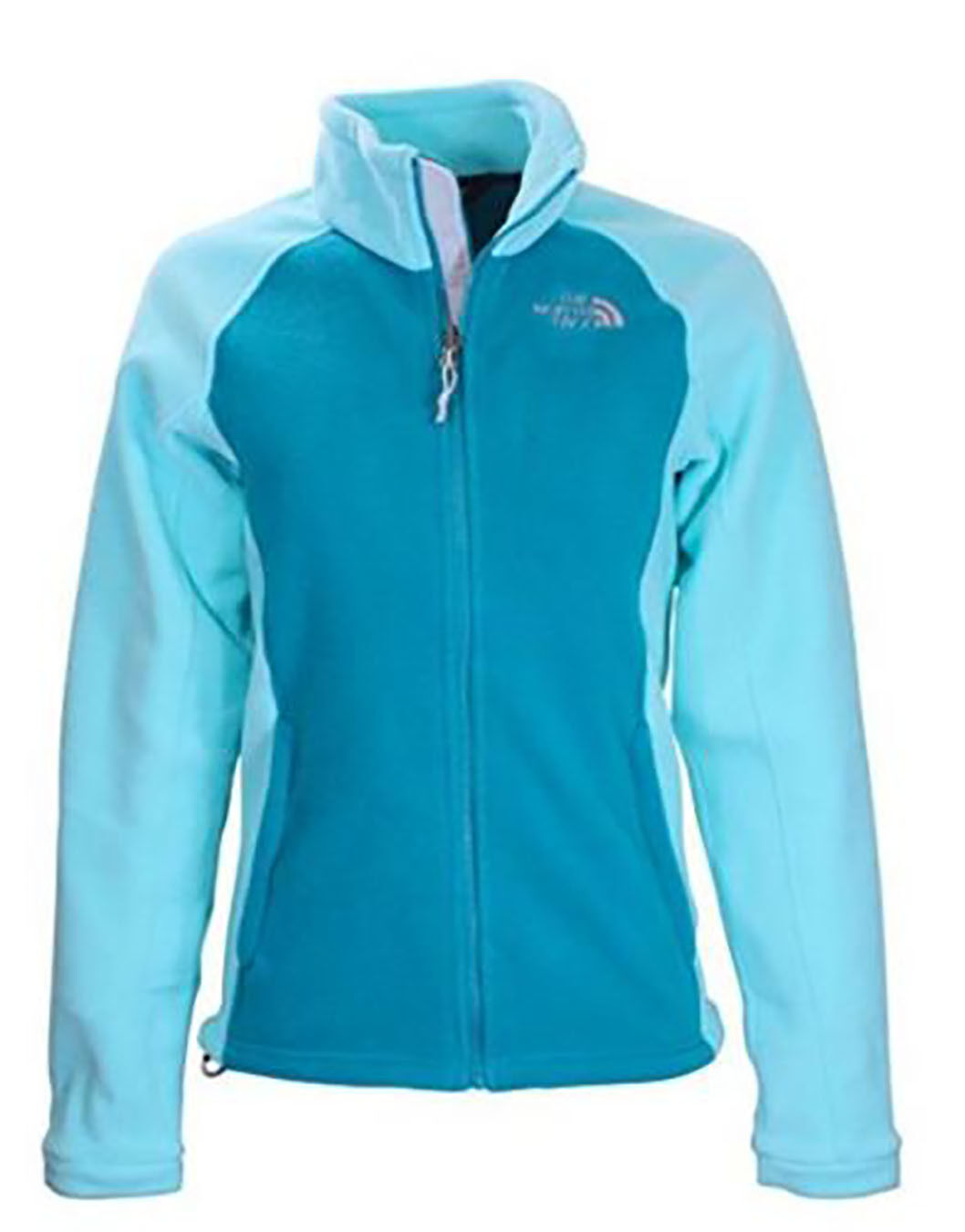 blue and green north face jacket