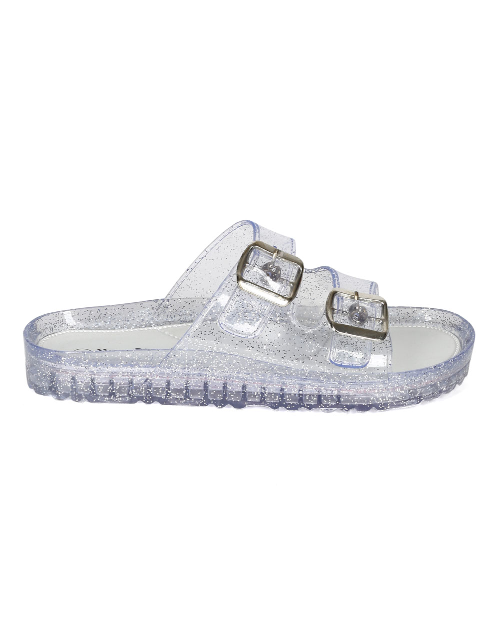 clear double strap buckle sandals